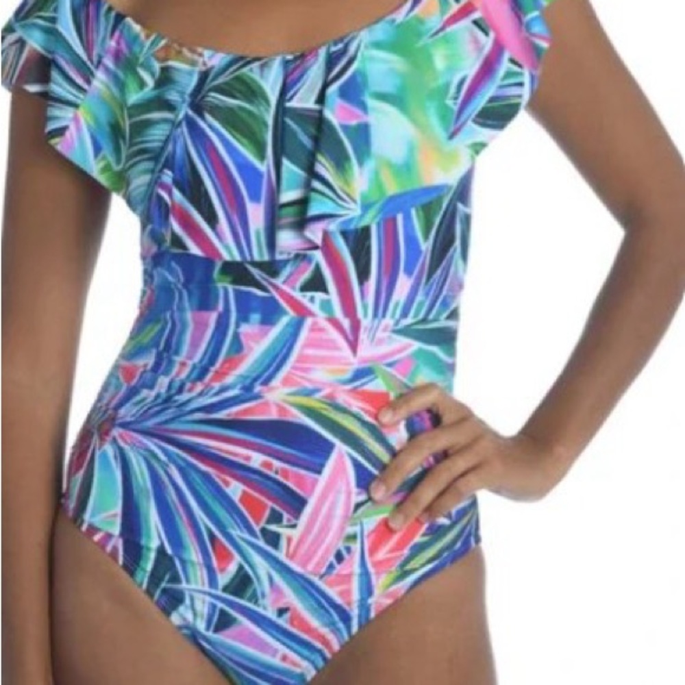 La Blanca Blue and Pink Tropical One Piece Swimsuit